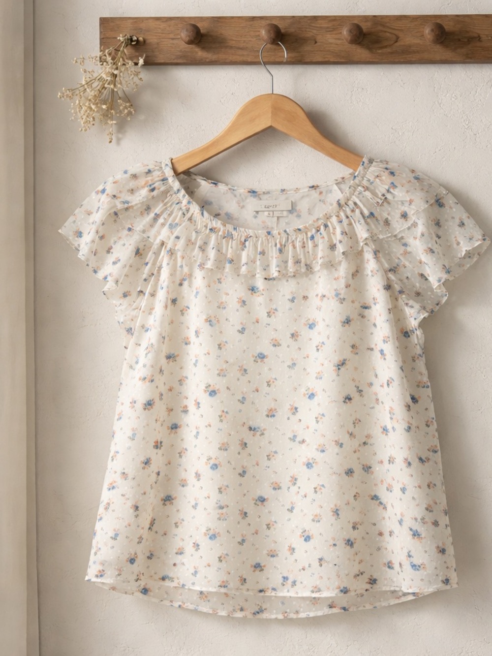 LOFT Ivory Floral Ruffle Neck Blouse Sz L